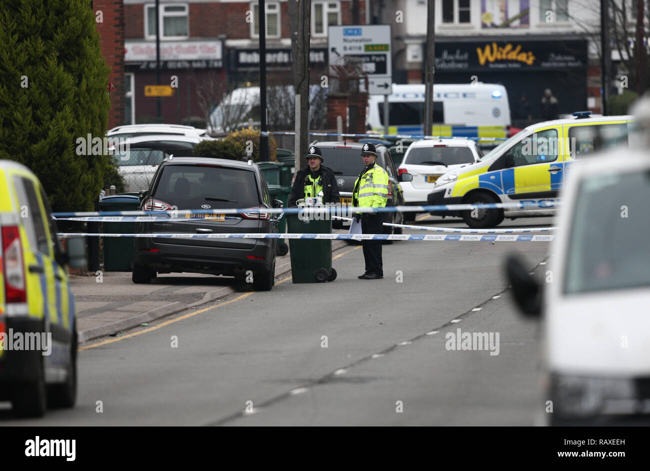 The scene in Burnaby Road, Coventry after a man has been shot dead by armed officers on Friday following an intelligence-led operation. Stock Photo
