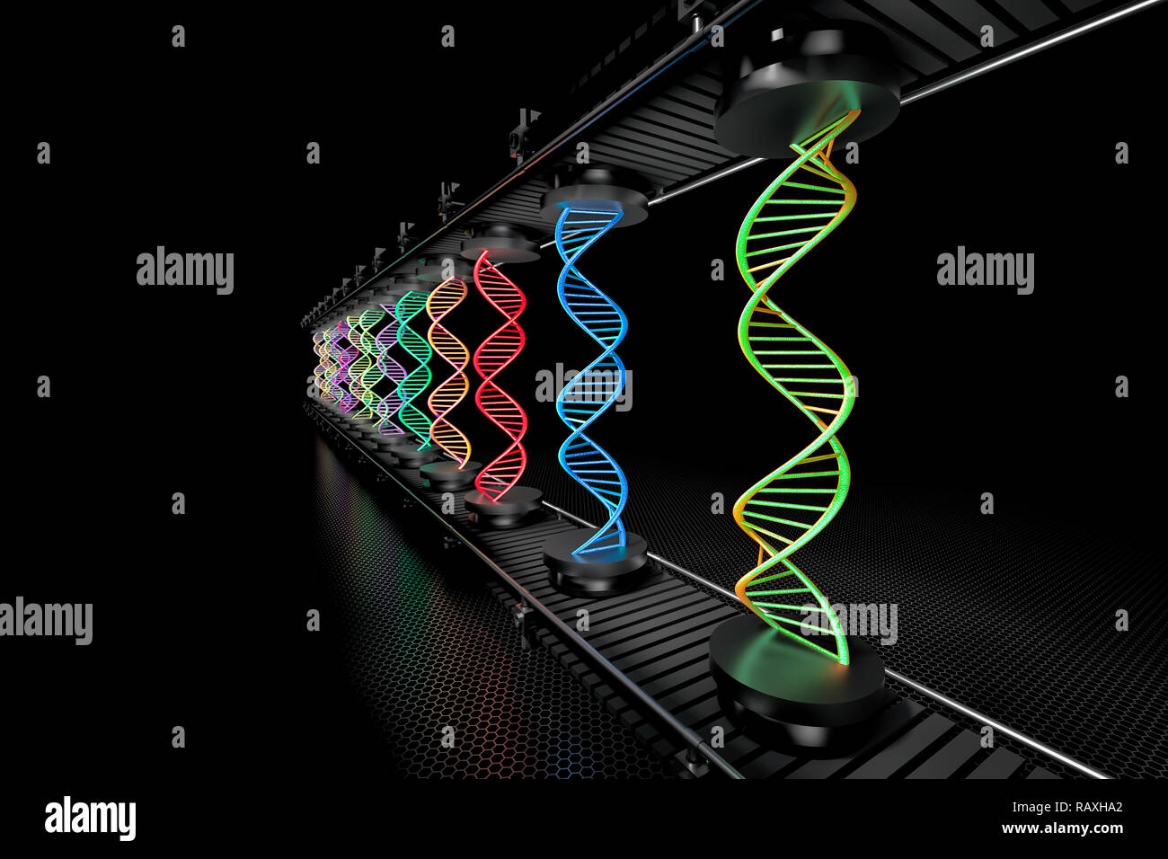 3D illustration of colored DNA helix being assembled on assembly line ...