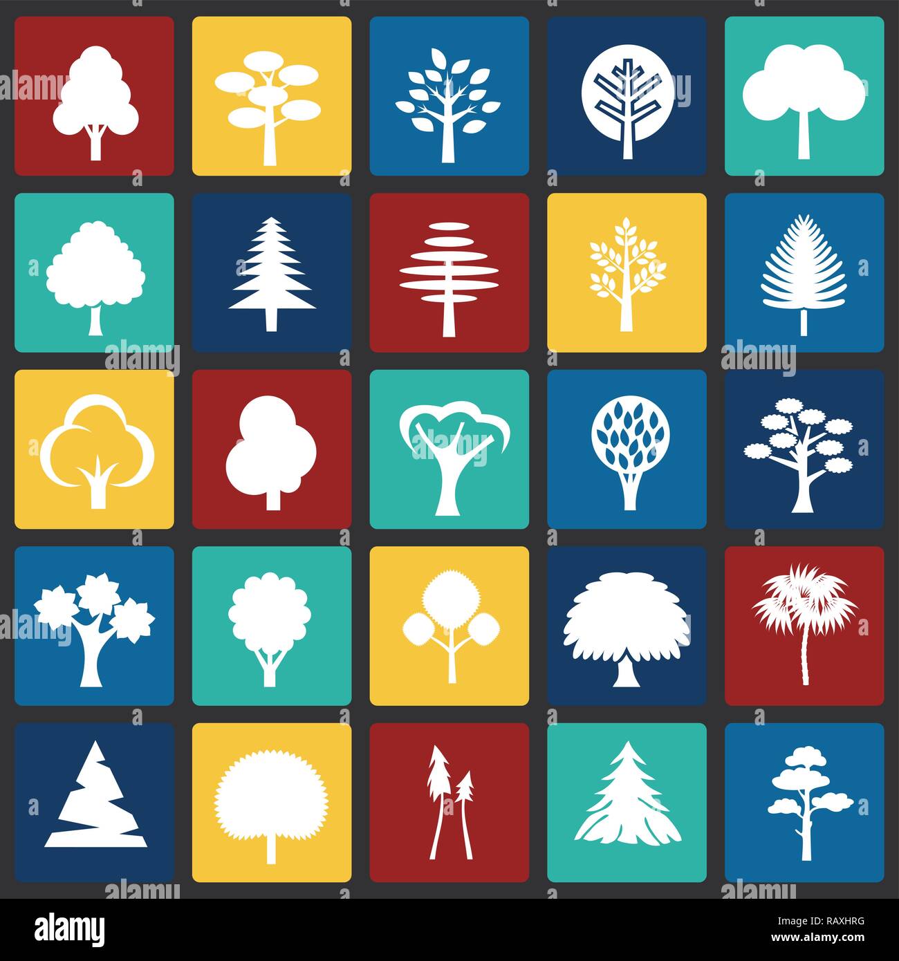 Trees icon set on color squares background for graphic and web design ...