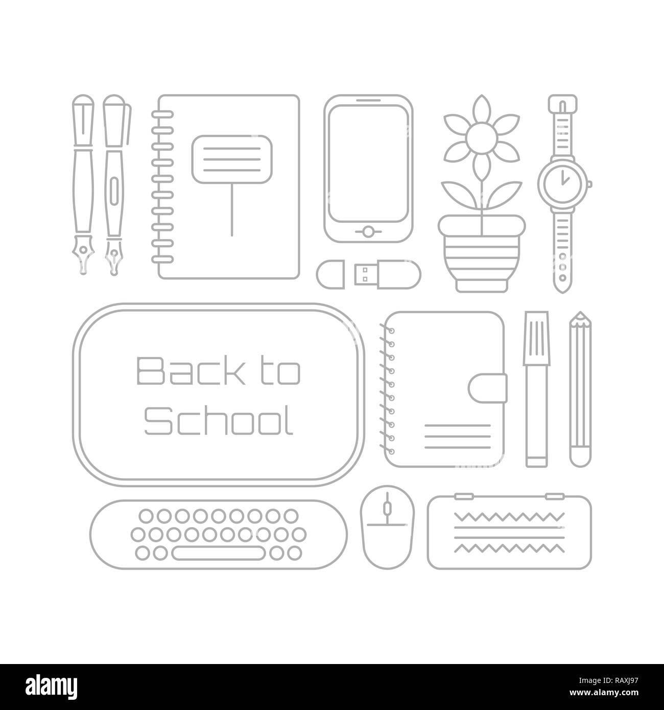 Line art image on a white background Back to School vector illustration. Design of many various school supplies. Stock Vector