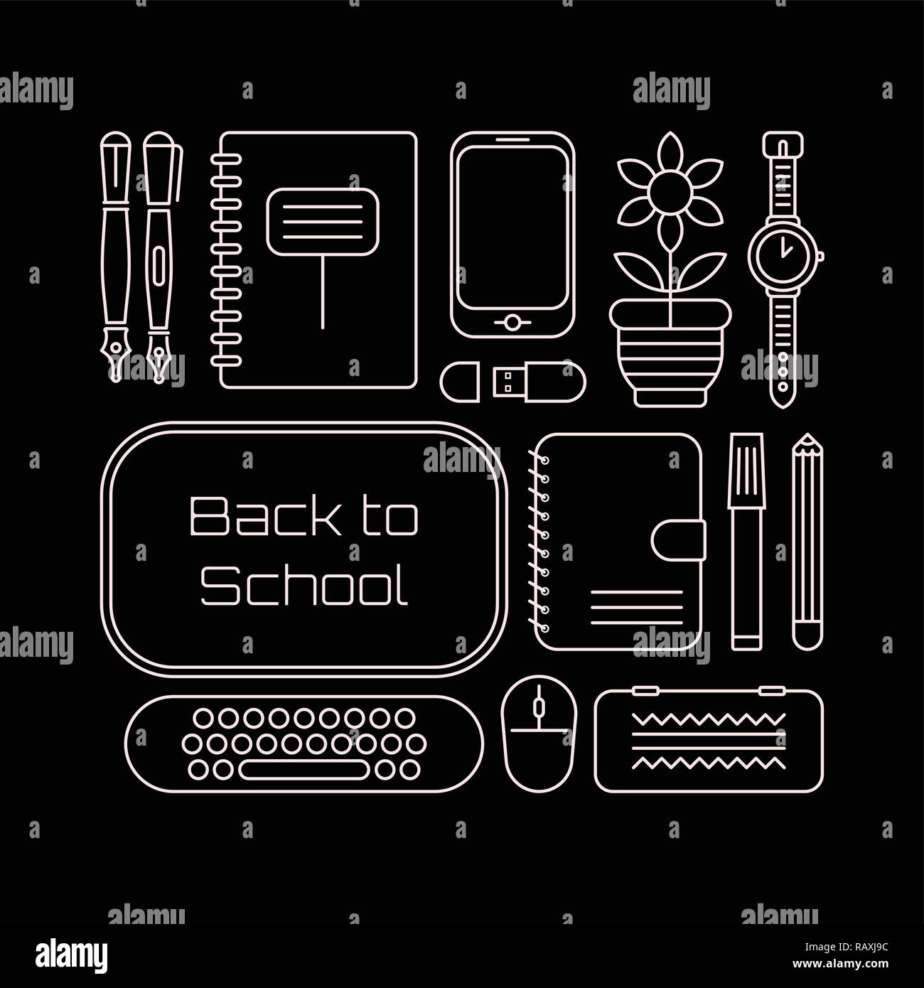 White line art on a black background Back to School vector illustration. Design of many various school supplies. Stock Vector