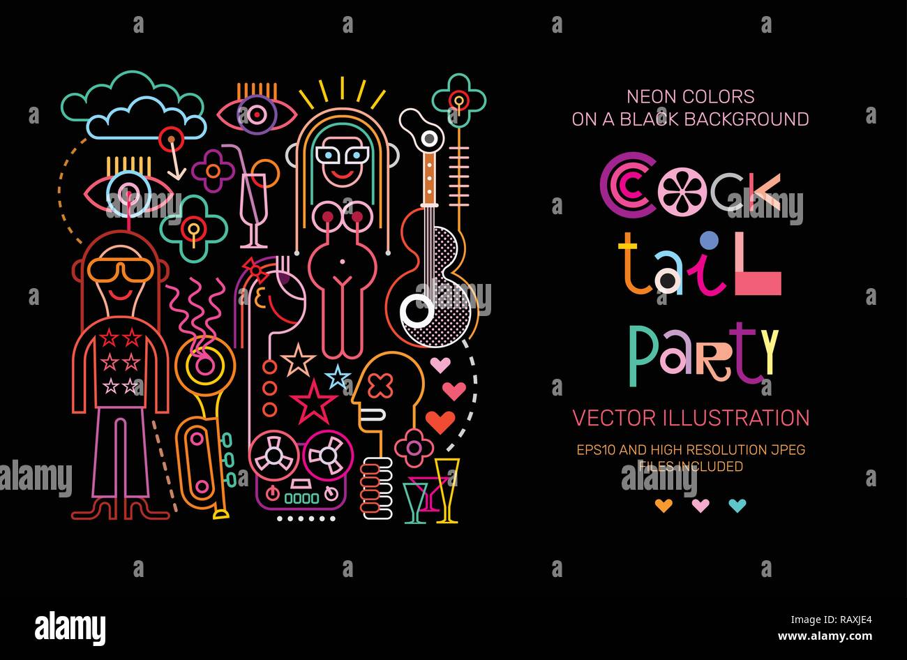 Vibrant colors on a black background Cocktail Party vector poster template design. Stock Vector