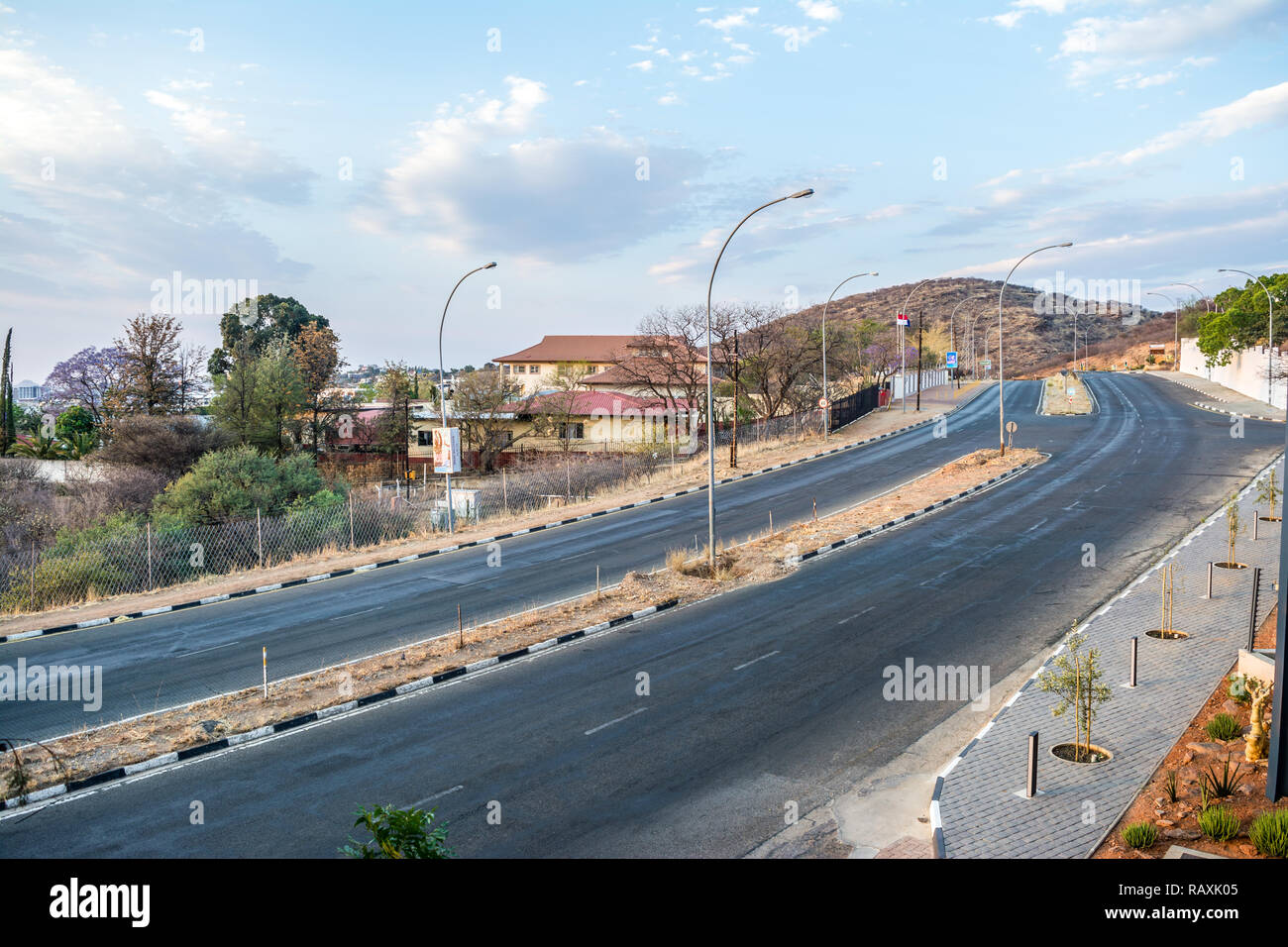 view of a two lane street in Windhoek, Namibia Stock Photo