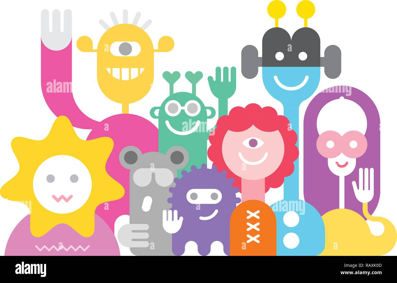 Large group of friendly cheerful aliens isolated on a white background