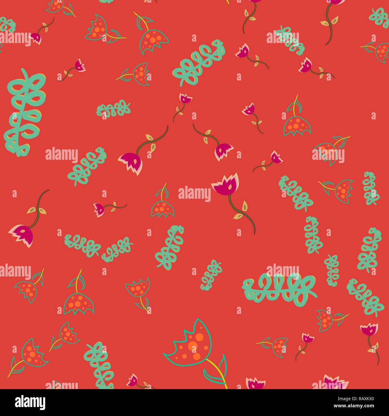 Seamless pattern from doodle flowers. Vector illustration on color background. Stock Vector