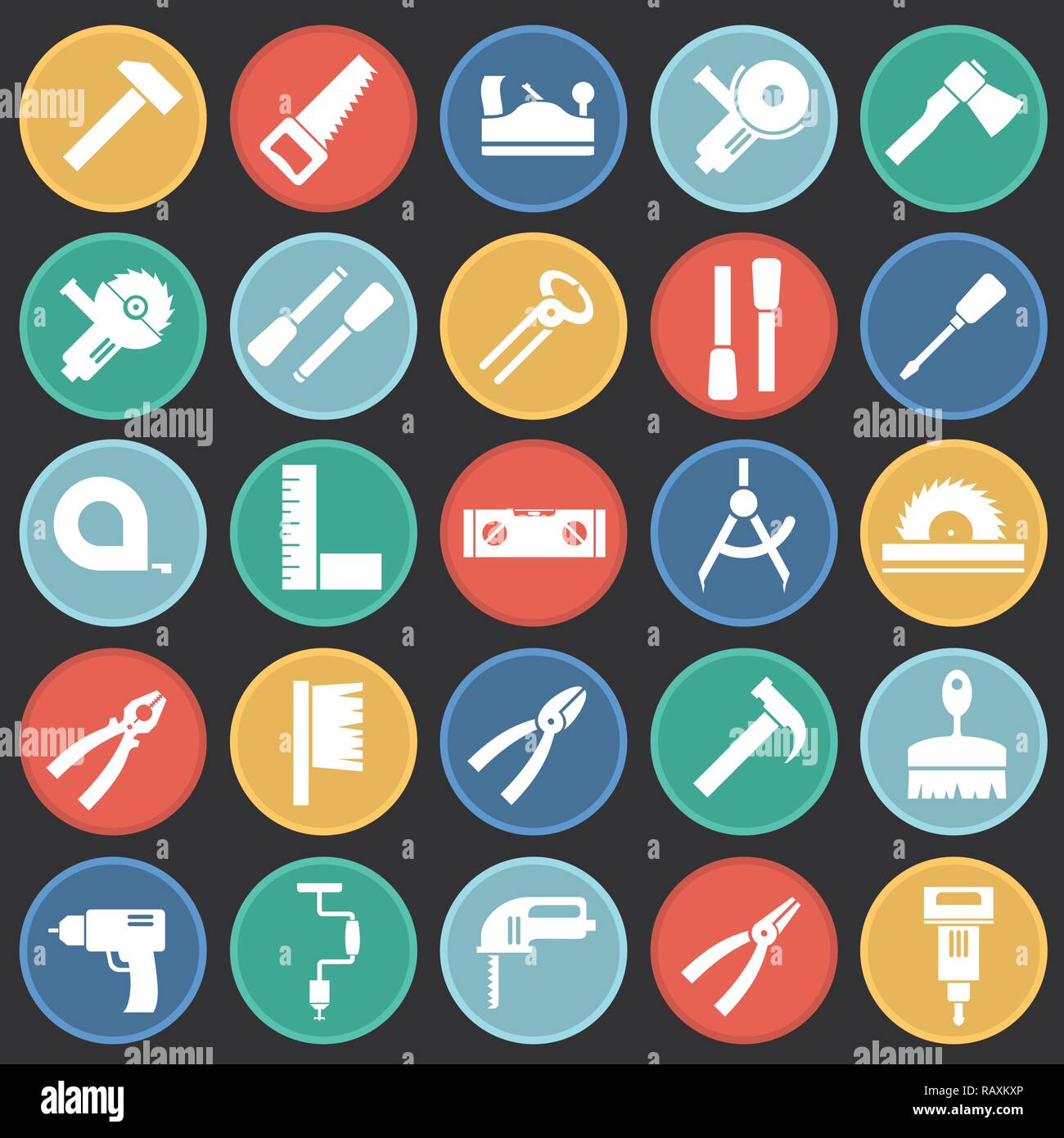 Tools icons set on color circles black background for graphic and web ...