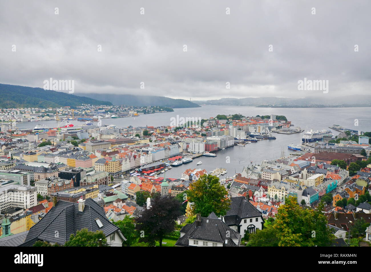 Bergen cityscape from top of the mountain in Norway Stock Photo