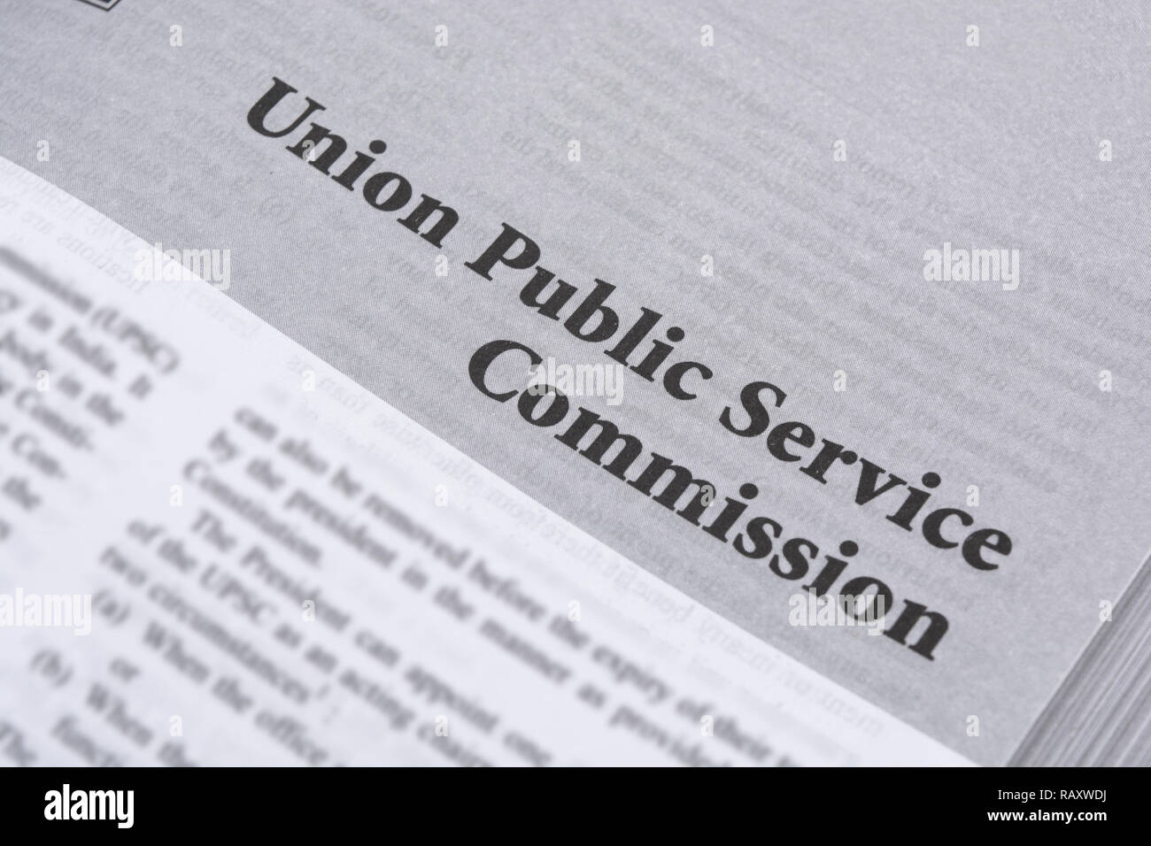 Maski,Karnataka,India - January 4,2019 : Union Public Service Commission printed in book with large letters. Stock Photo