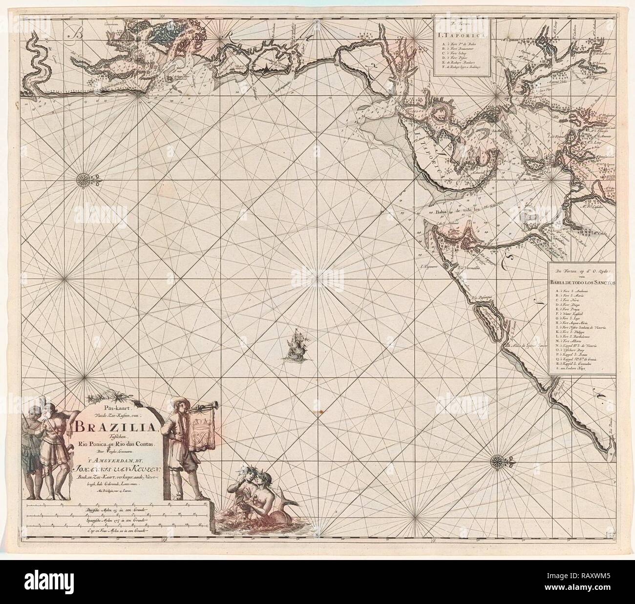 Sea chart of part of the coast of Brazil in the Most Holy Bay, Jan Luyken, Claes Jansz Voogt, Johannes van Keulen (I reimagined Stock Photo