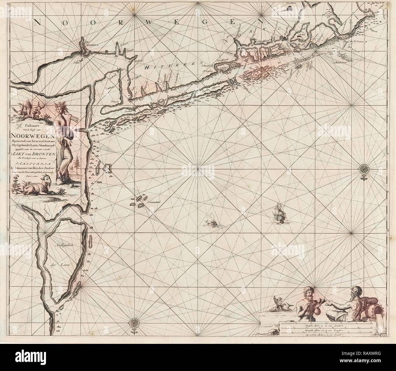 Sea chart of the coast of Norway near Trondheim, Jan Luyken, Johannes van Keulen (I), unknown, 1681 - 1799 reimagined Stock Photo