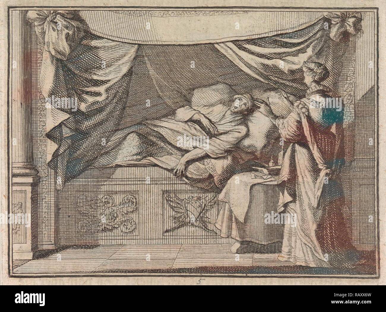 Man with delusions on his deathbed, Caspar Luyken, Christoph Weigel, Frantz Martin Hertzen, 1710. Reimagined Stock Photo