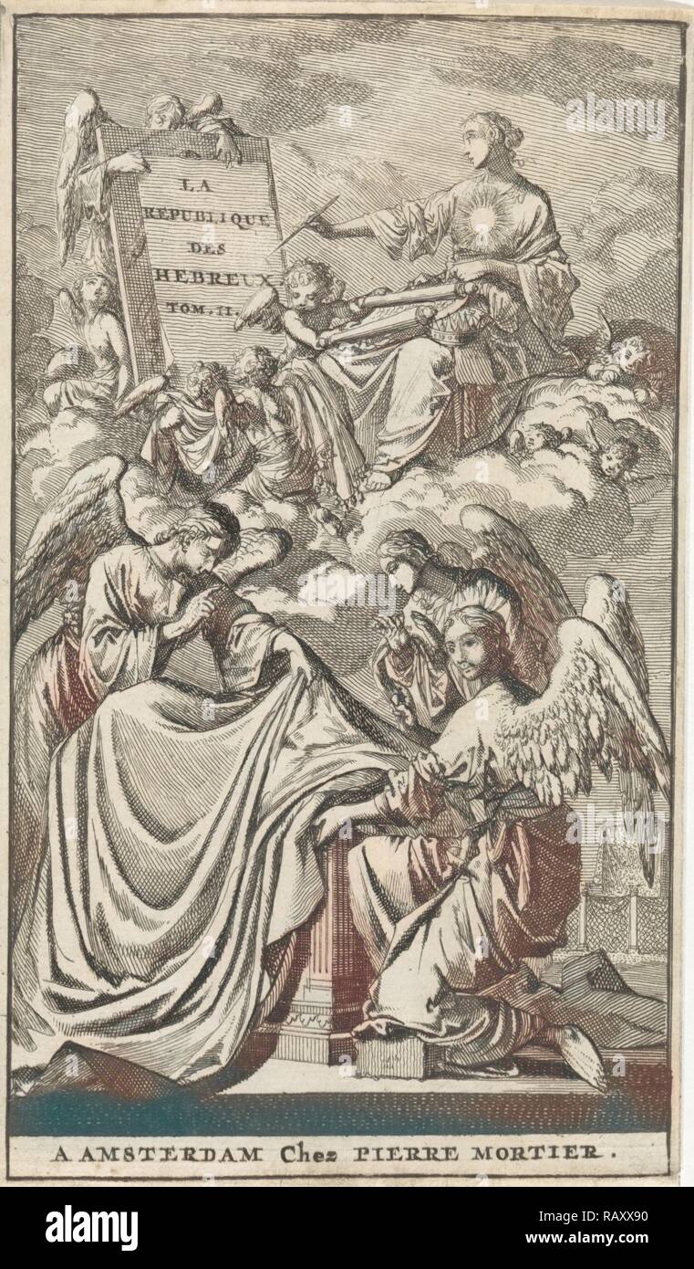 Allegorical female figure describes a panel in the clouds, Jan Luyken, Pieter Mortier, 1705. Reimagined Stock Photo