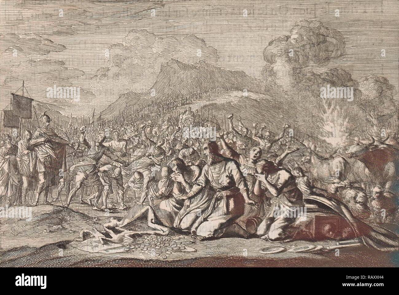 Stoning of Achan and his family, Jan Luyken, Pieter Mortier, 1703