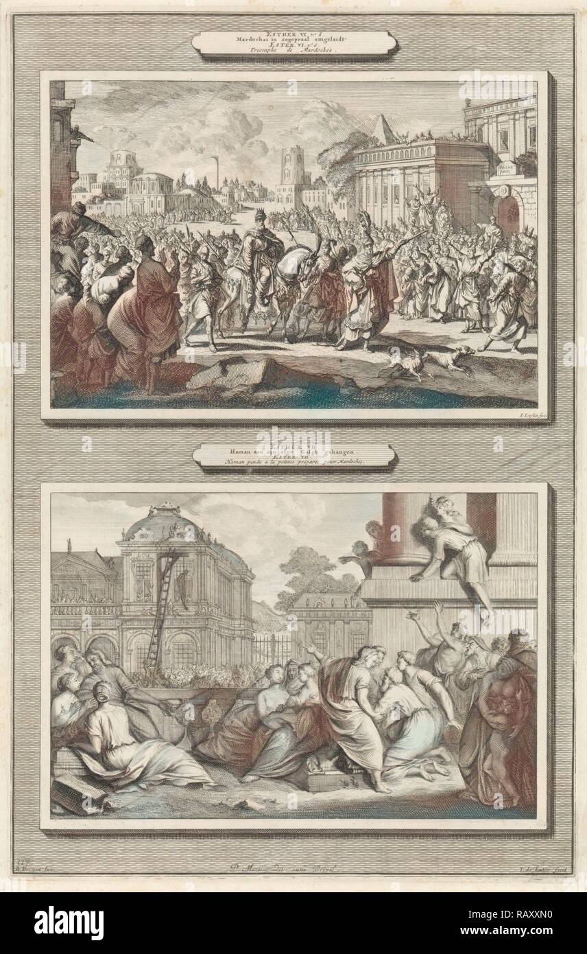 Mordecai is honored in Babylon and the execution of Haman, print maker: Jan Luyken, print maker: Jacob de Later reimagined Stock Photo