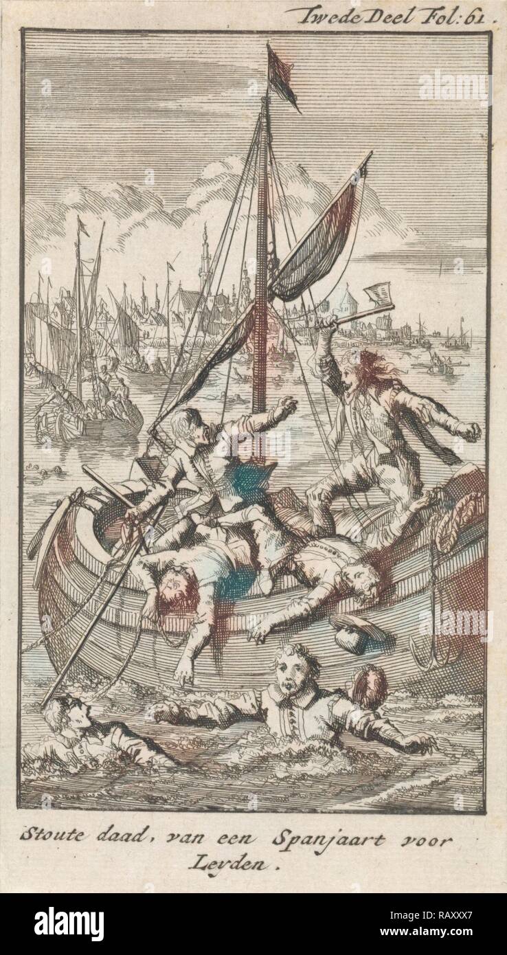 Pietro Ciacconne conquer a boat from Leiden The Netherlands, 1574. Jan Luyken, Engelbrecht Boucquet, 1699. Reimagined Stock Photo