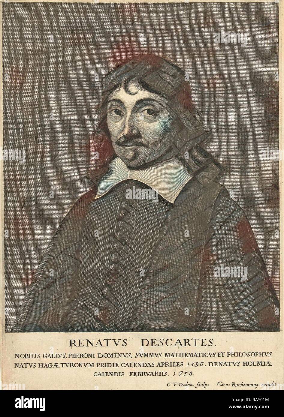 Portrait of René Descartes, Cornelis van Dalen (I), Cornelis Banheyning, 1650 - 1665. Reimagined by Gibon. Classic reimagined Stock Photo