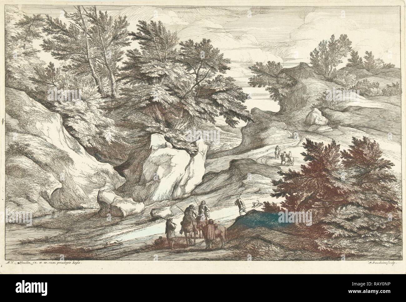 Landscape with two riders who ask the way, Adriaen Frans Boudewyns