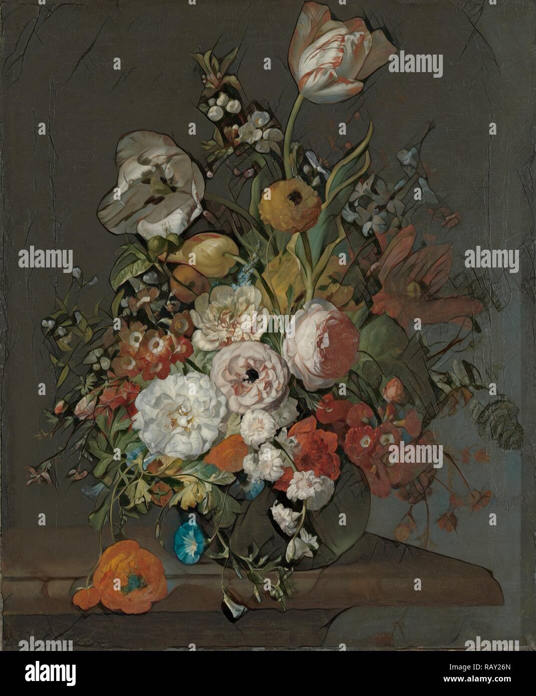 Still Life with Flowers in a Glass Vase, Rachel Ruysch, c. 1690 c. 1720. Reimagined by Gibon