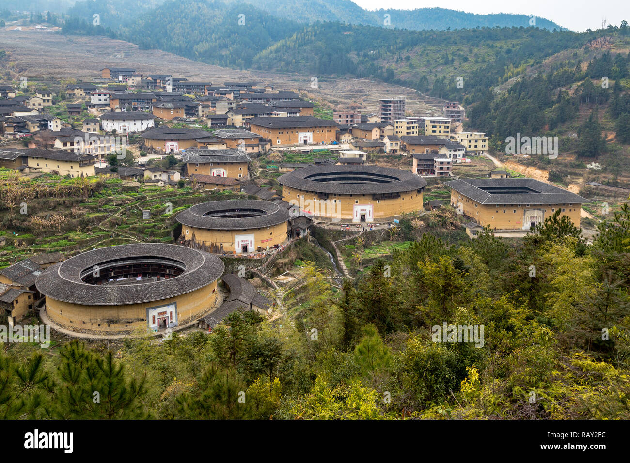 View of ChuXi Cluster of Tulou - Fujian province, China. The tulou are ancient earth dwellings of the Hakka people Stock Photo