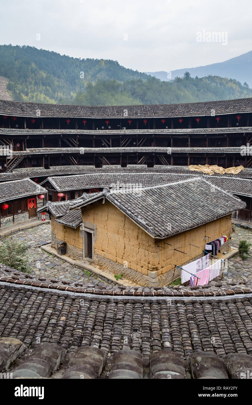 Jiqing Lou in ChuXi Cluster - Fujian province, China. The tulou are ancient earth dwellings of the Hakka people Stock Photo