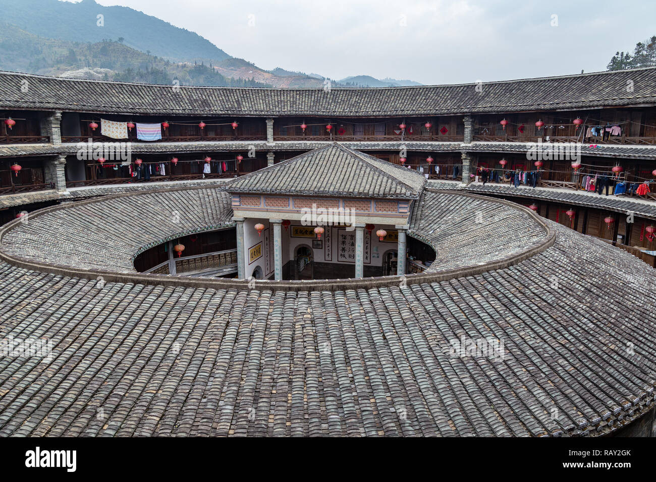 ZhenCheng Lou in HongKeng Cluster, Fujian province China. Also called the Prince of the Tulou, it is still inhabited by hundreds of people. Stock Photo