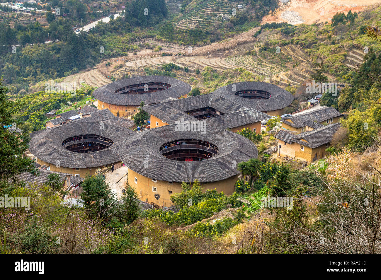 TianlouKeng cluster - Fujian province, China. The tulou are ancient earth dwellings of the Hakka people Stock Photo