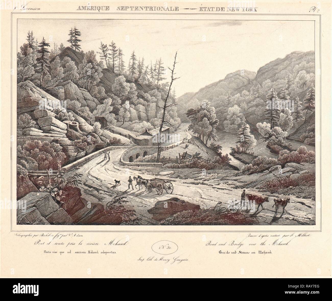 F. Jacques Milbert (French). Road and Bridge over the Mohawk River, ca. 1830-1840. From Amérique Septentrionale reimagined Stock Photo