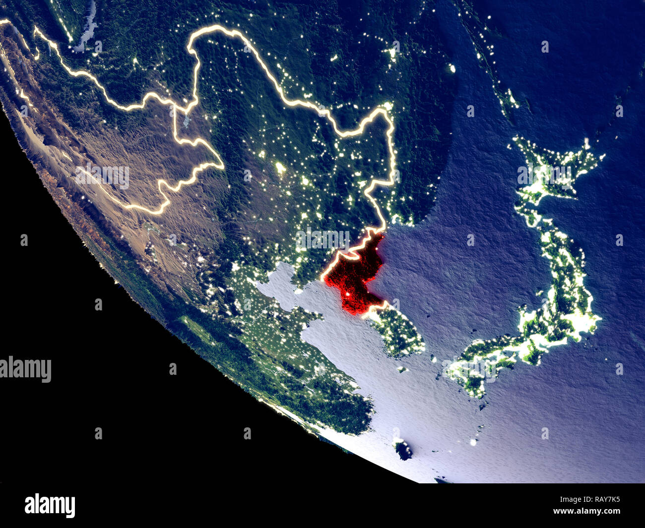Orbit view of North Korea at night with bright city lights. Very detailed plastic planet surface. 3D illustration. Elements of this image furnished by Stock Photo