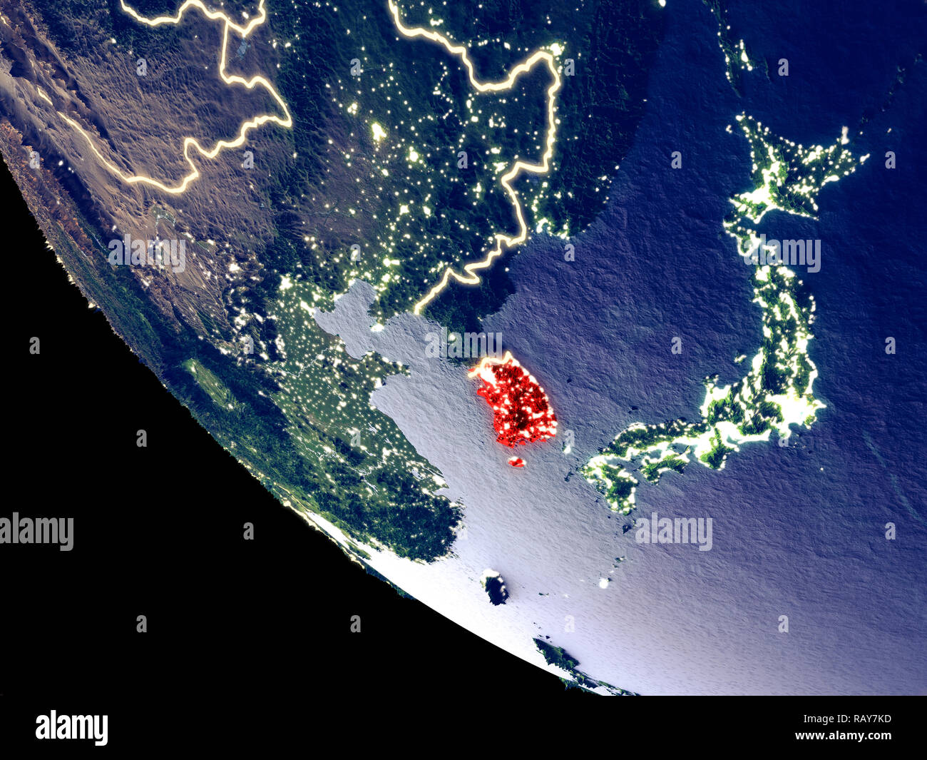 Orbit view of South Korea at night with bright city lights. Very ...