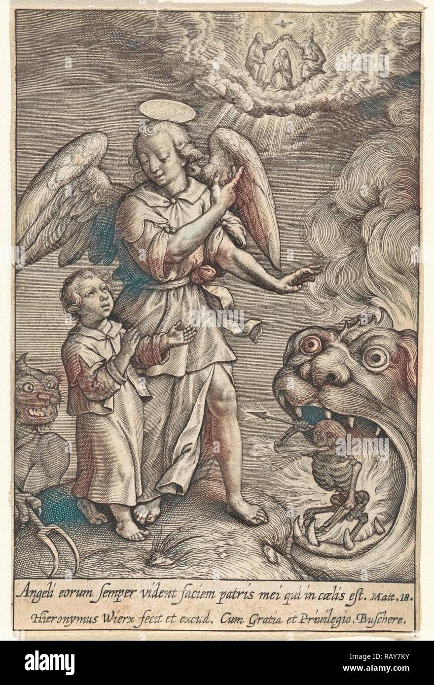 Child with guardian angel, Hieronymus Wierix, 1563. Reimagined by Gibon. Classic art with a modern twist reimagined Stock Photo