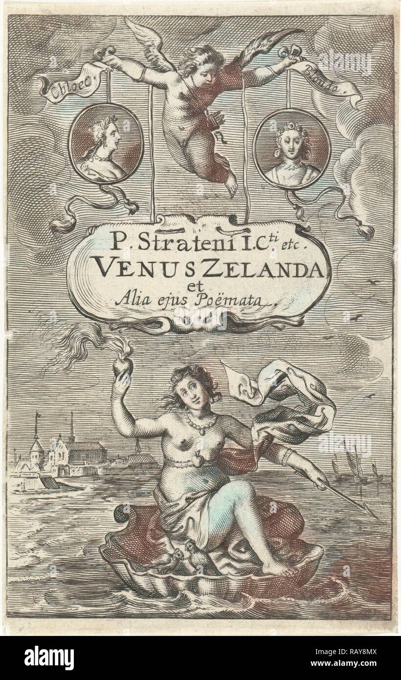 Venus on a shell with burning heart and arrow, floating off the coast of Zeeland, topped by two medallions with reimagined Stock Photo