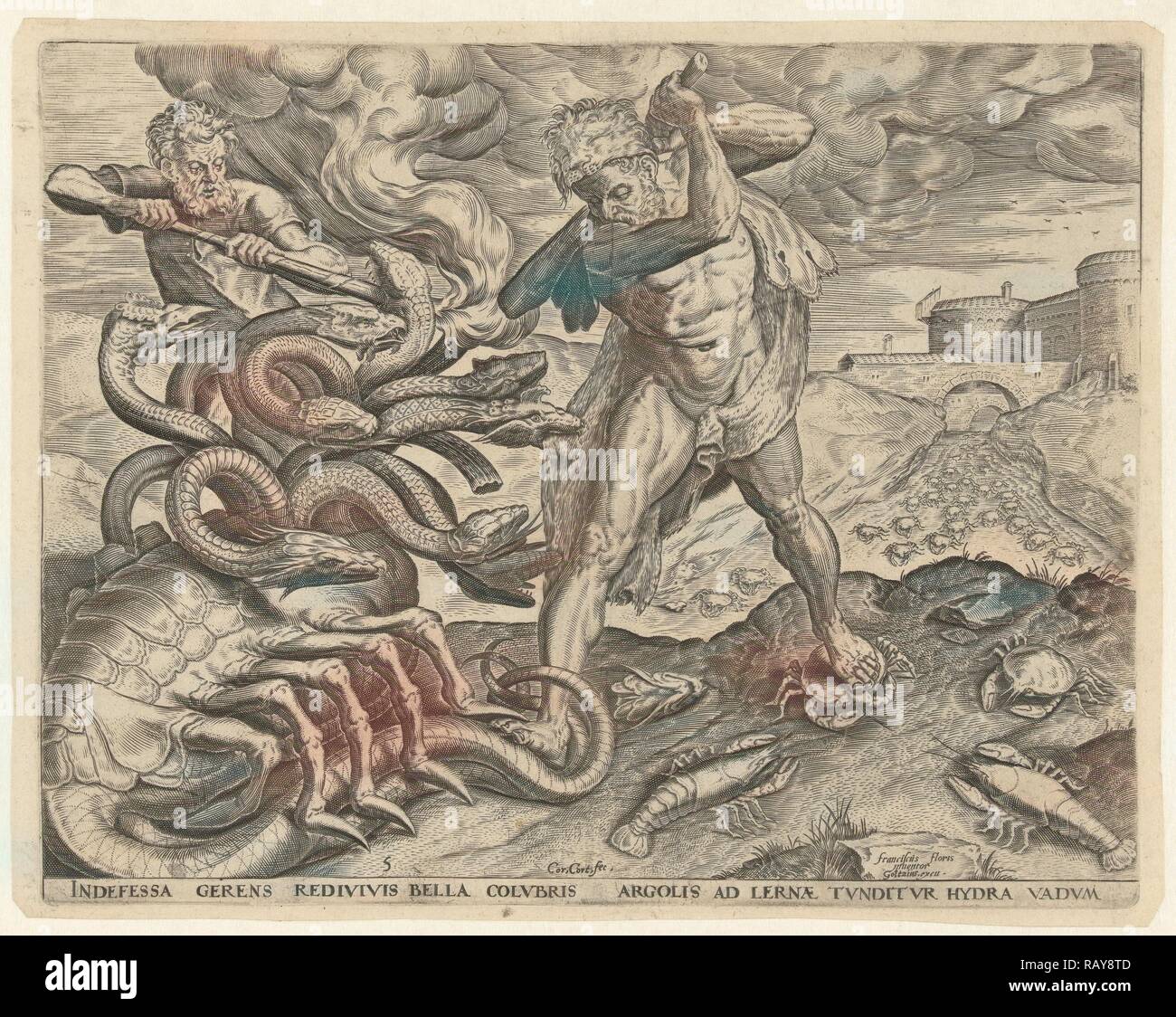 Hercules overcomes the Hydra of Lerna, Cornelis Cort, Julius Goltzius, in or after 1563 - before c. 1595. Reimagined Stock Photo