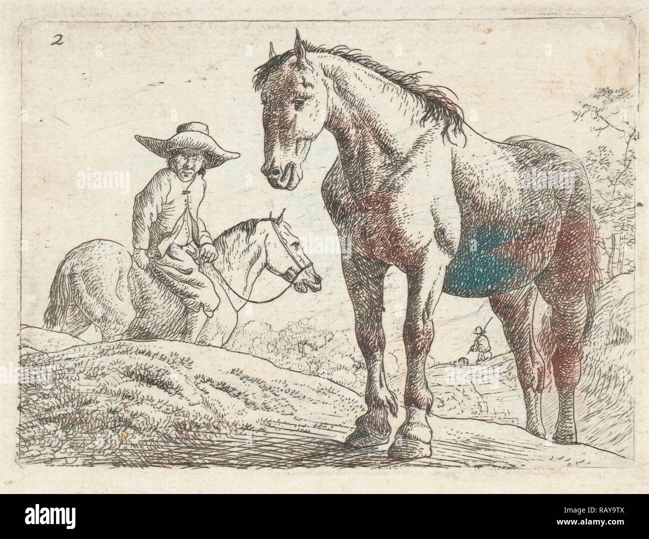 Two horses, one Horseman, Jan van Aken, Jochem Bormeester, 1624 1661. Reimagined by Gibon