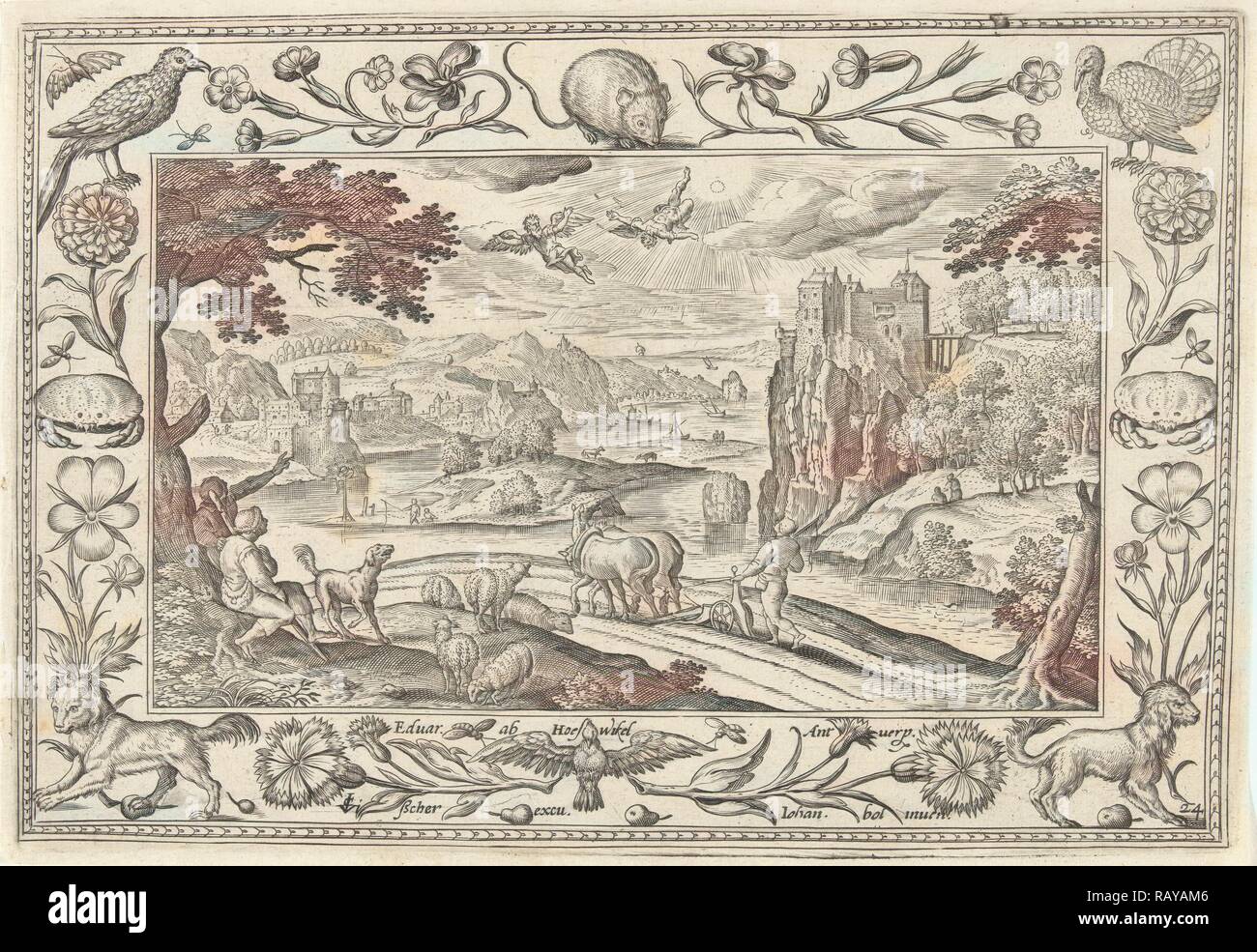 Fall of Icarus, Adriaen Collaert, Claes Jansz. Visscher (II), Eduwart van Hoeswinckel, 1584 - 1618. Reimagined Stock Photo