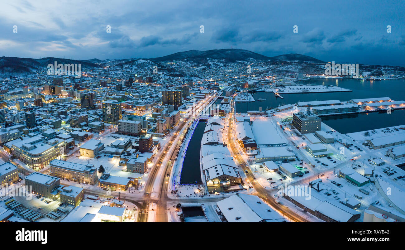 landmarks of Otaru city in the night Stock Photo