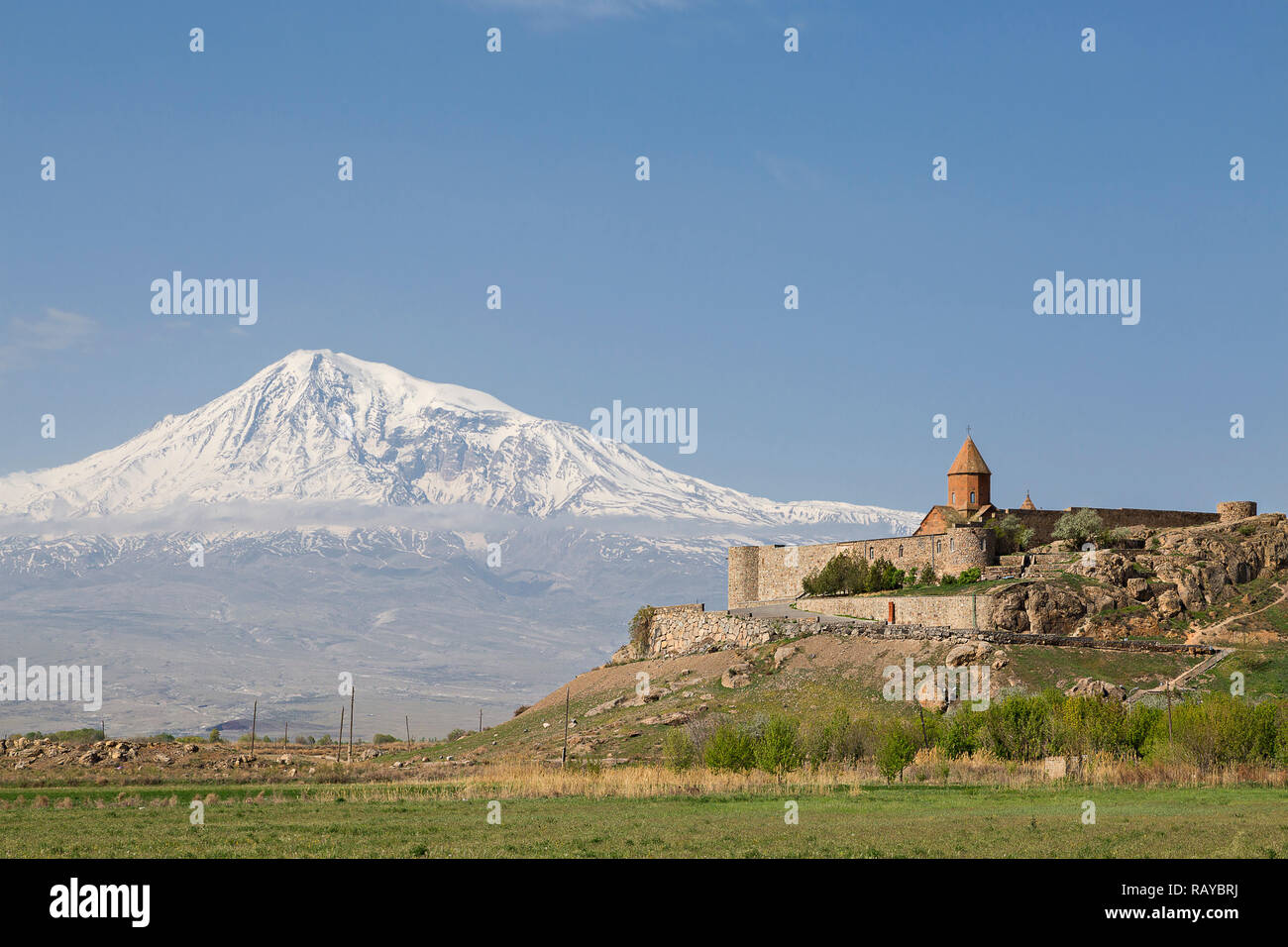 Khor Virap, Armenian orthodox religious complex with Mount Ararat in the background, in Artashat, Armenia. Stock Photo