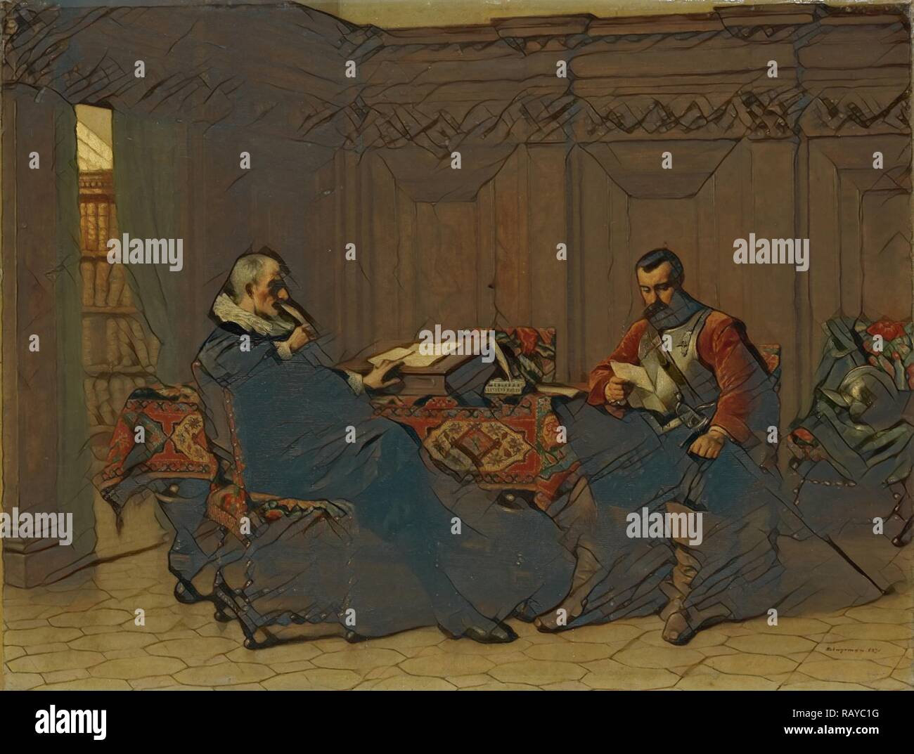 Two men in a seventeenth - century interior , called Eene conference, Lambertus Lingeman, 1870. Reimagined Stock Photo