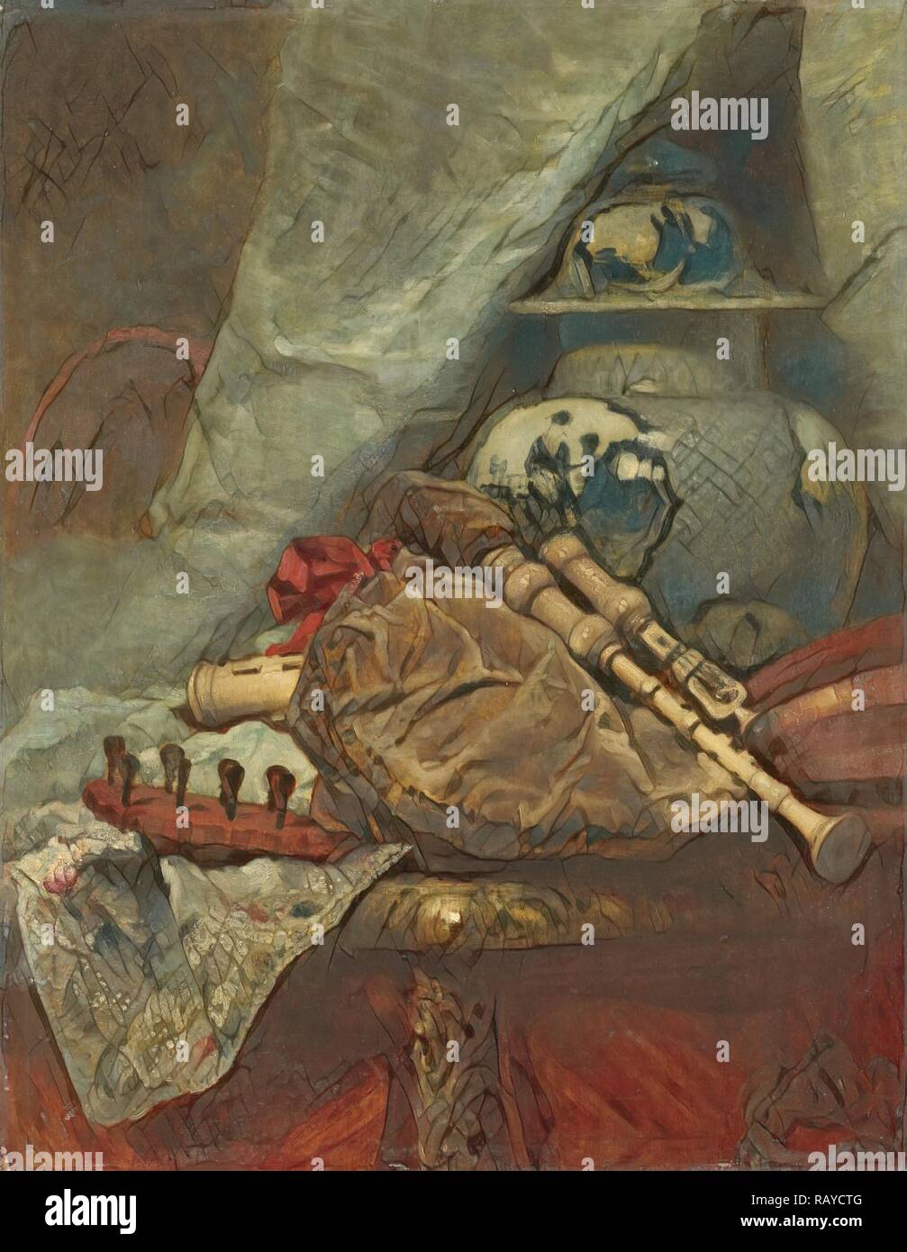 Still Life with bagpipes, Adolphe Mouilleron, 1850 1881. Reimagined