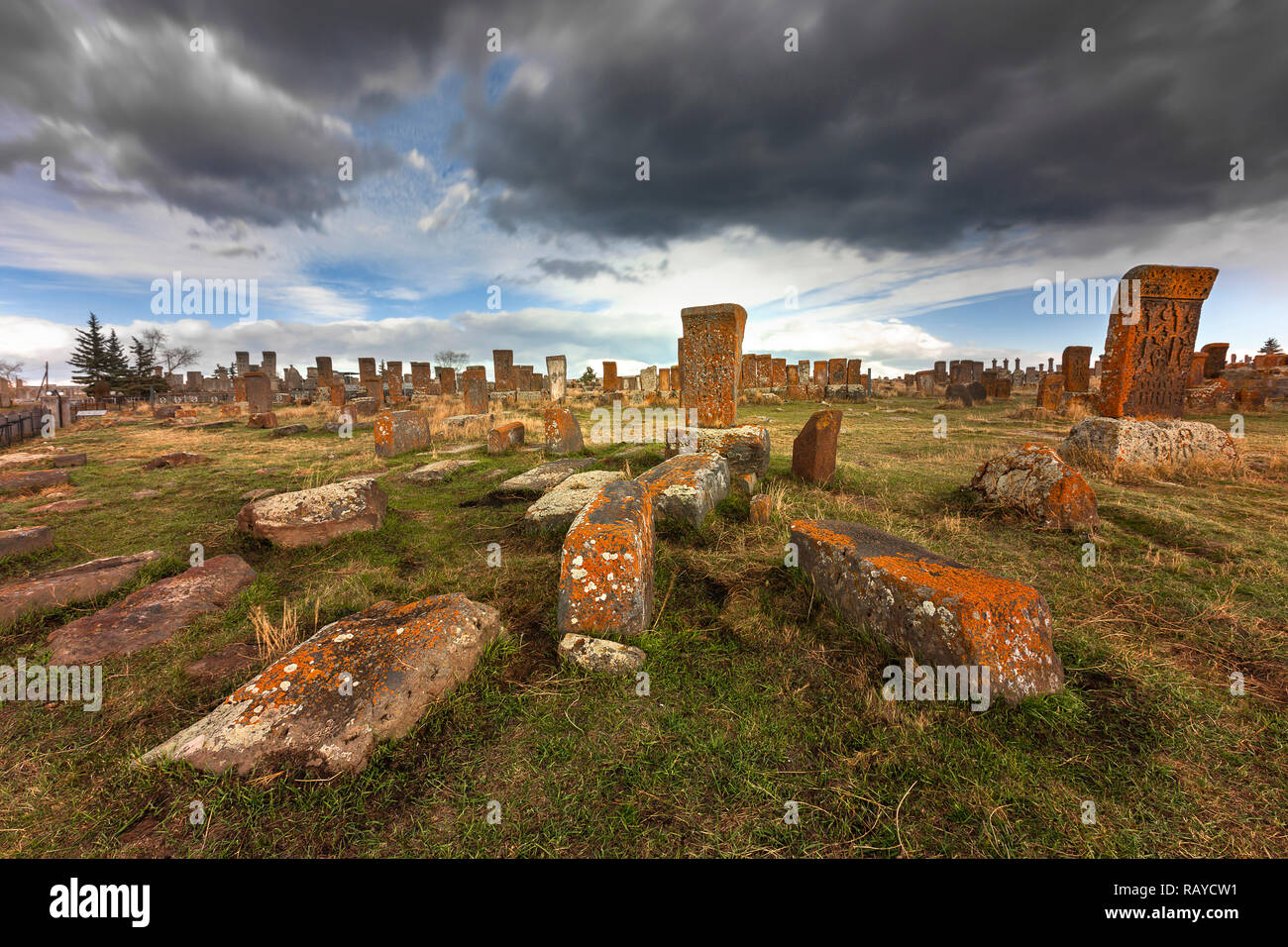 Ancient tombs and headtsones in the historical cemetery of Noratus in Armenia. Stock Photo