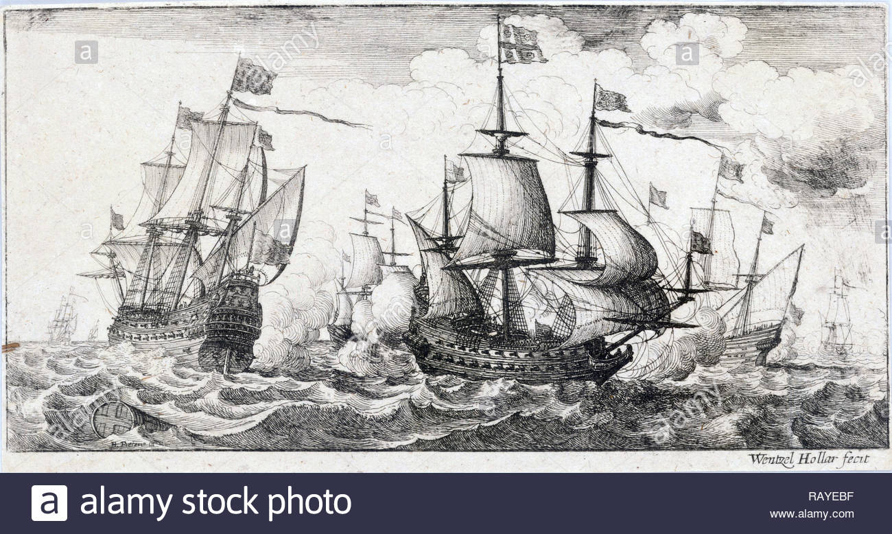 A sea fight, etching by Bohemian etcher Wenceslaus Hollar from 1600s Stock Photo