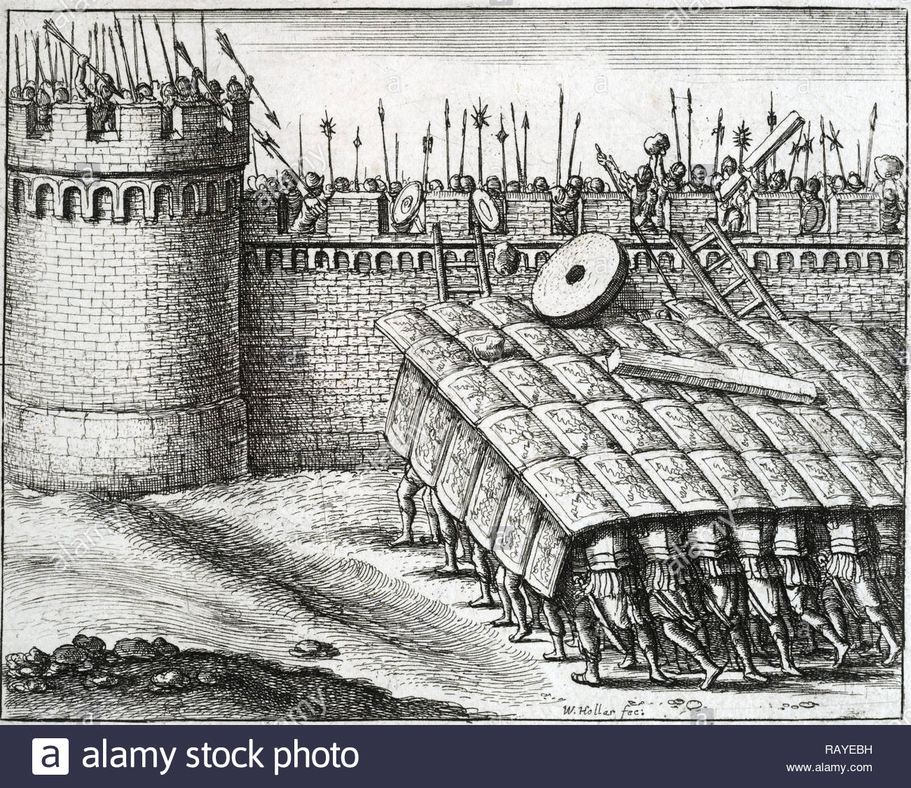 Testudo formation, etching by Bohemian etcher Wenceslaus Hollar from 1600s Stock Photo