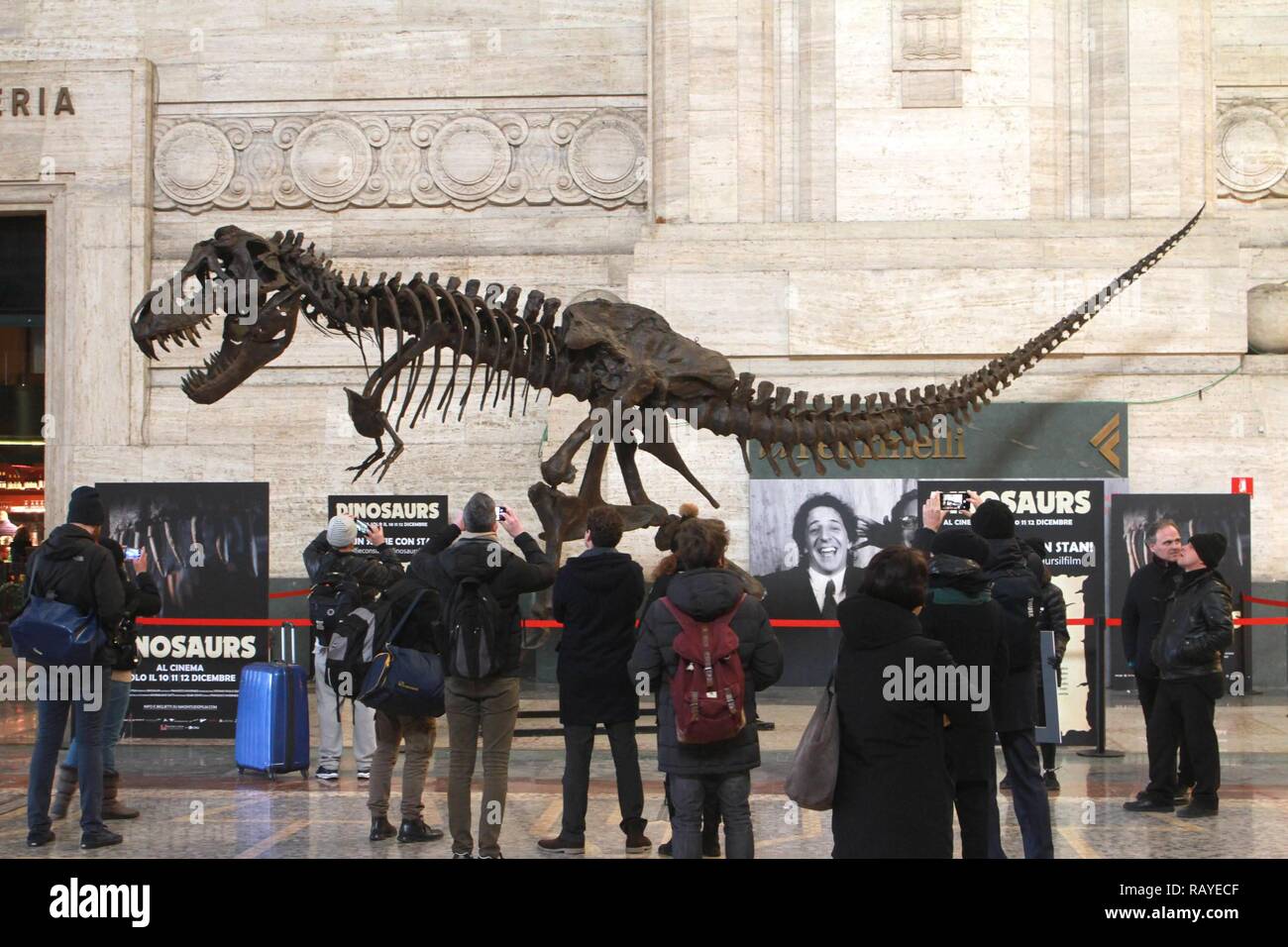 The skeletal frame of a Tyrannosaurus Rex is placed on display in Milan's  central station to promote the release of Italian documentary 'Dinosaurs'  Featuring: Atmosphere Where: Milan, Italy When: 05 Dec 2018