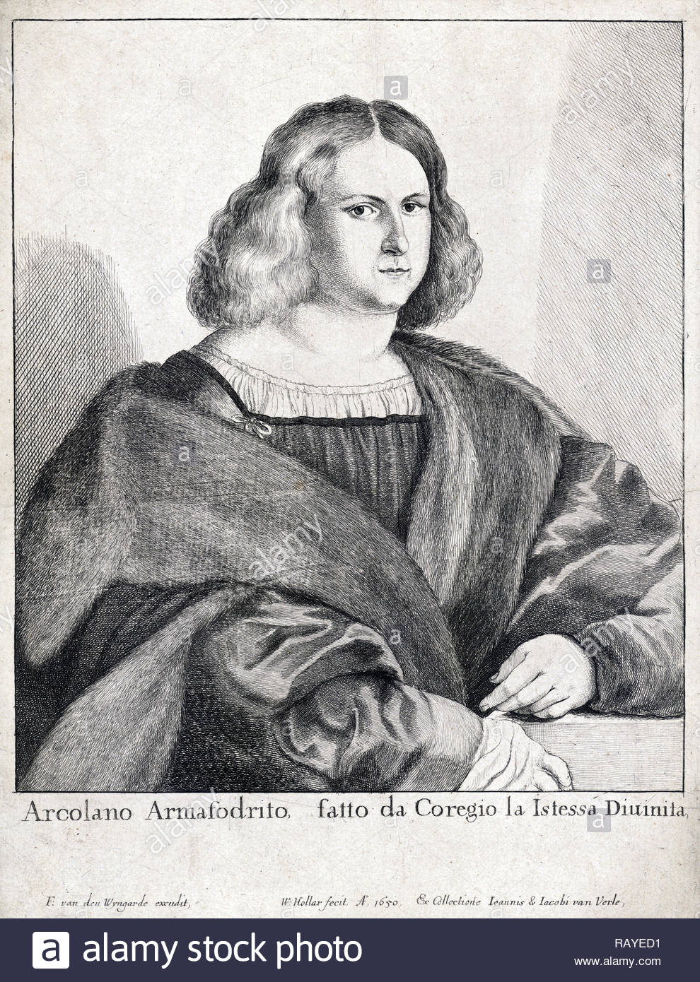 Arcolano Armafrodito portrait, etching by Bohemian etcher Wenceslaus Hollar from 1650 Stock Photo