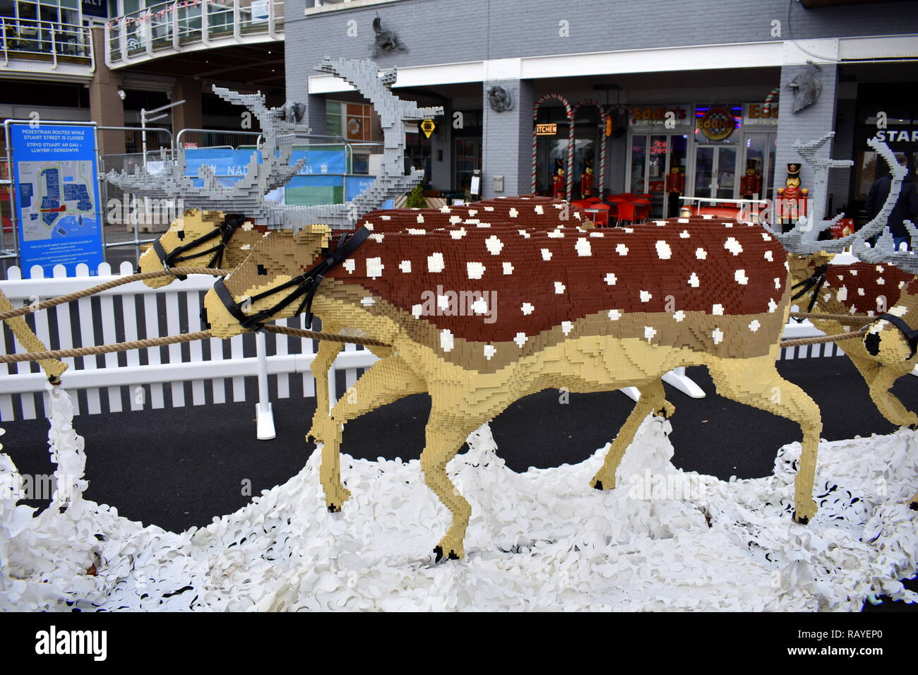 Lego reindeer, Mermaid Quay, Cardiff Bay, Cardiff, South Glamorgan, Wales Stock Photo