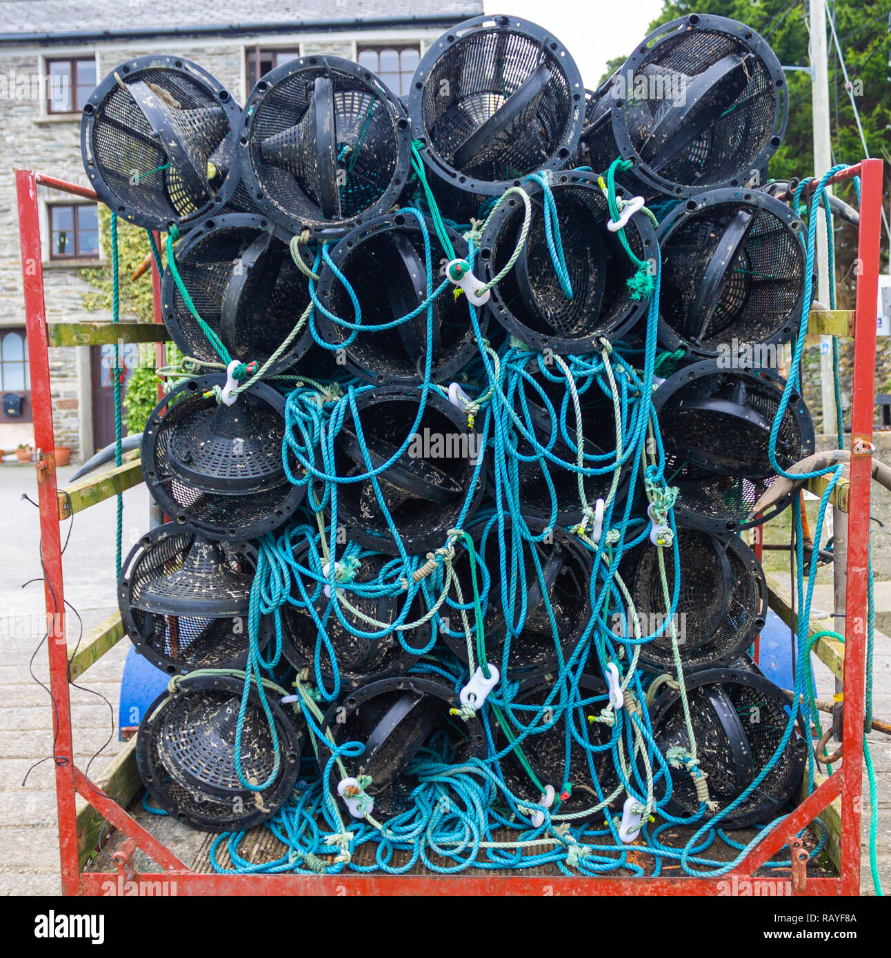 plastic shrimp pots stacked on a trailer Stock Photo