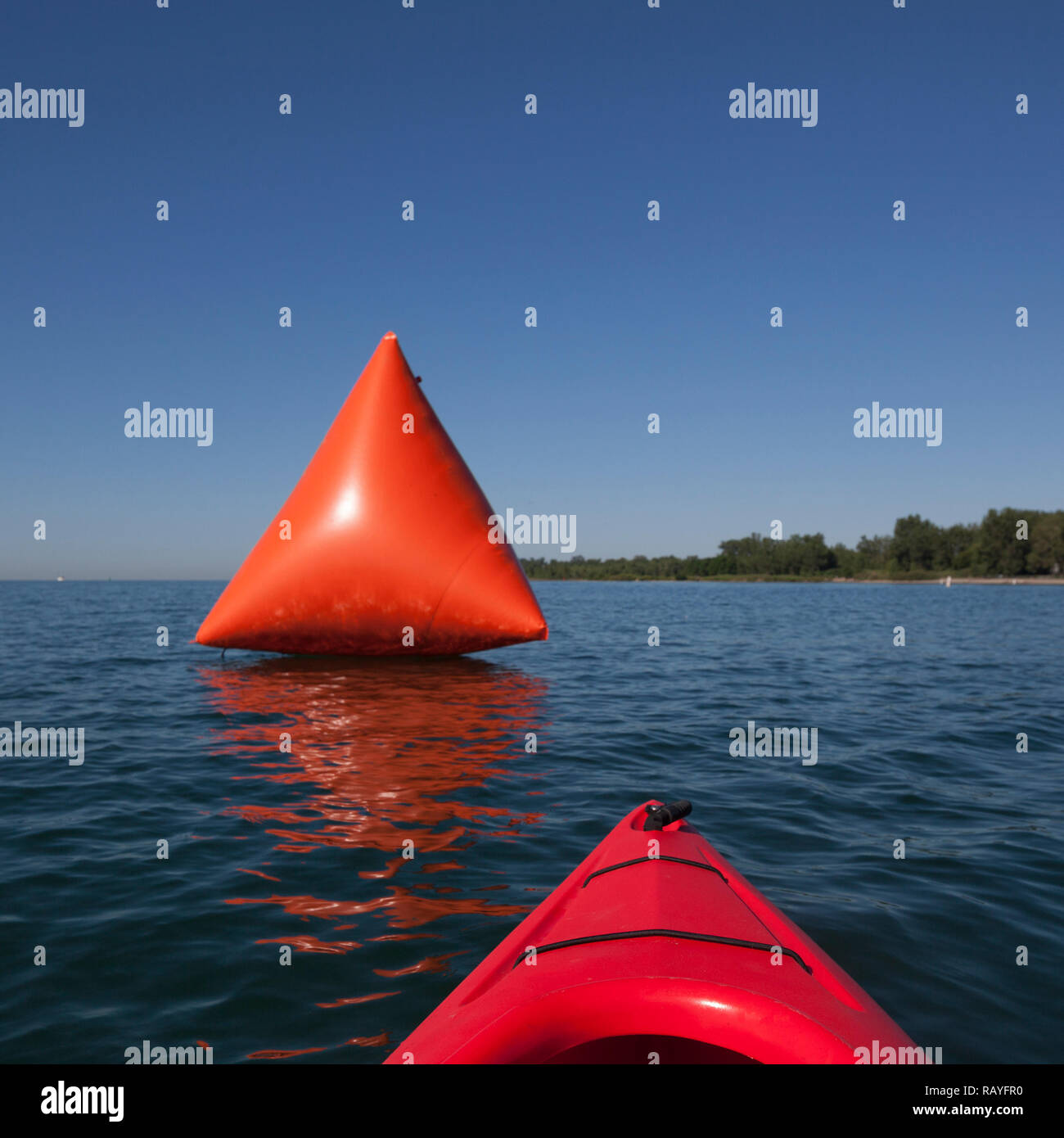 Bouy kayak marker in Lake Ontario at Cherry Beach in Toronto Canada during a kayak race. Stock Photo