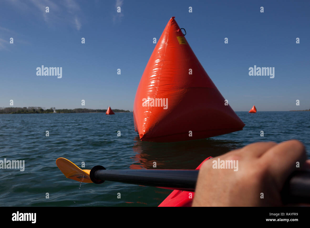 Bouy kayak marker in Lake Ontario at Cherry Beach in Toronto Canada during a kayak race. Stock Photo