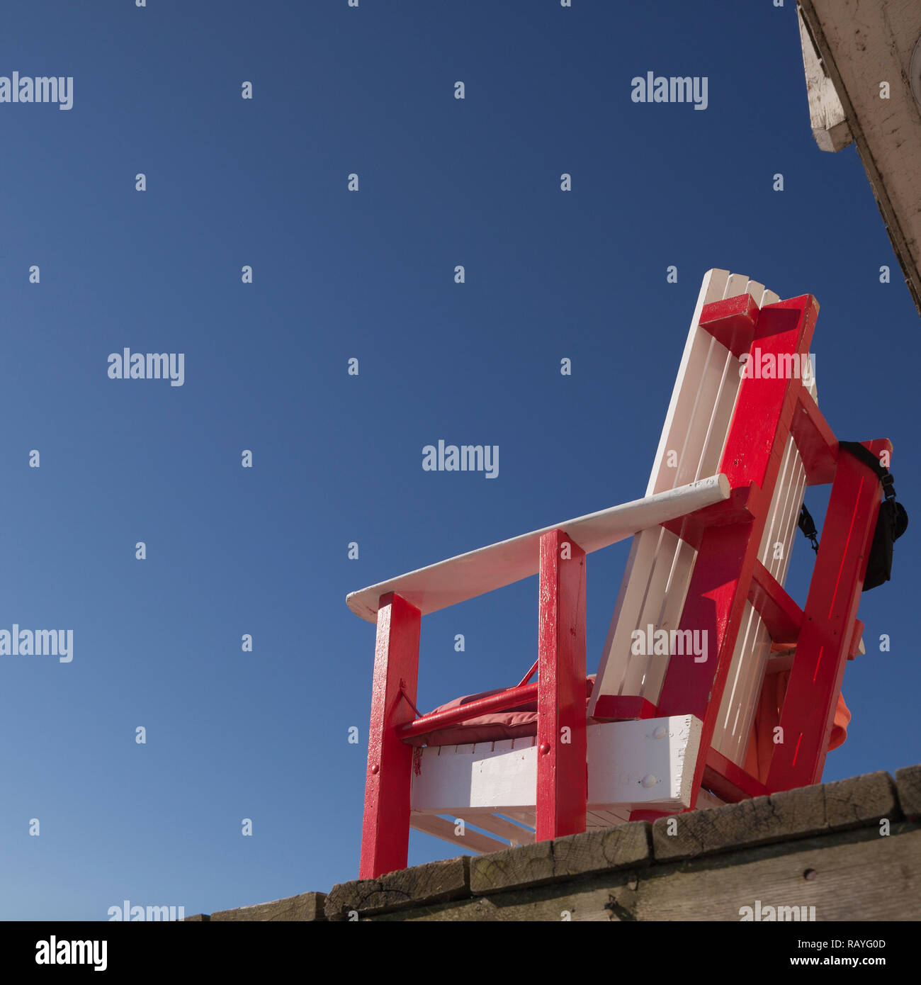 Wood chair on a public boat house at Cherry Beach in Toronto, Ontario