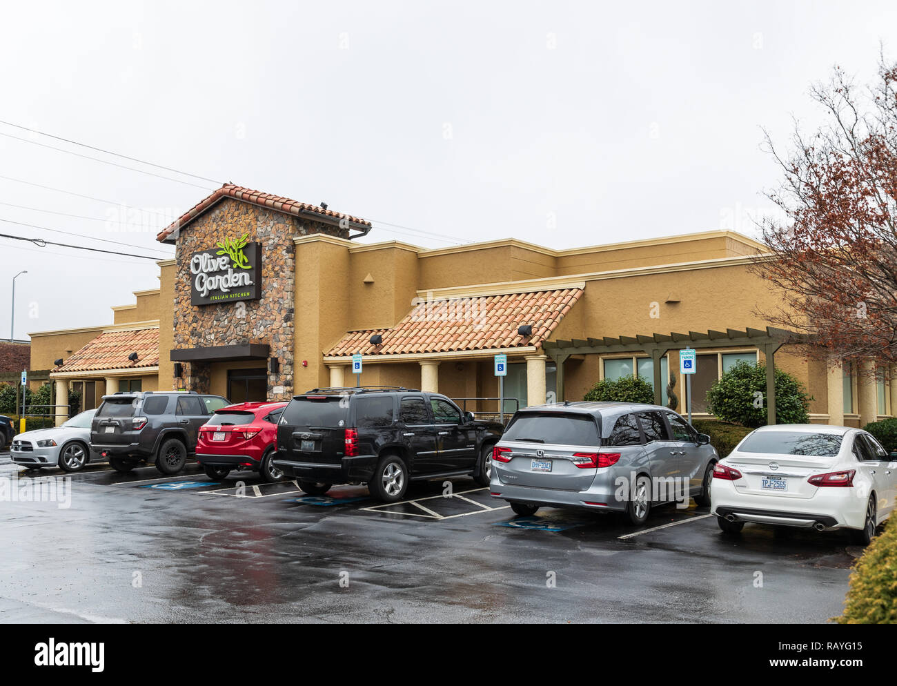 HICKORY, NC, USA-1/3/19:  Olive Garden is an Amerian restaurant chain specializing in Italian-American cuisine.  It was founded in 1982. Stock Photo