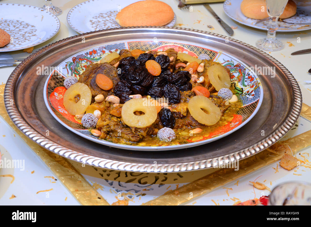 Platter with plum and pineapple. Moroccan dish served in weddings Stock Photo